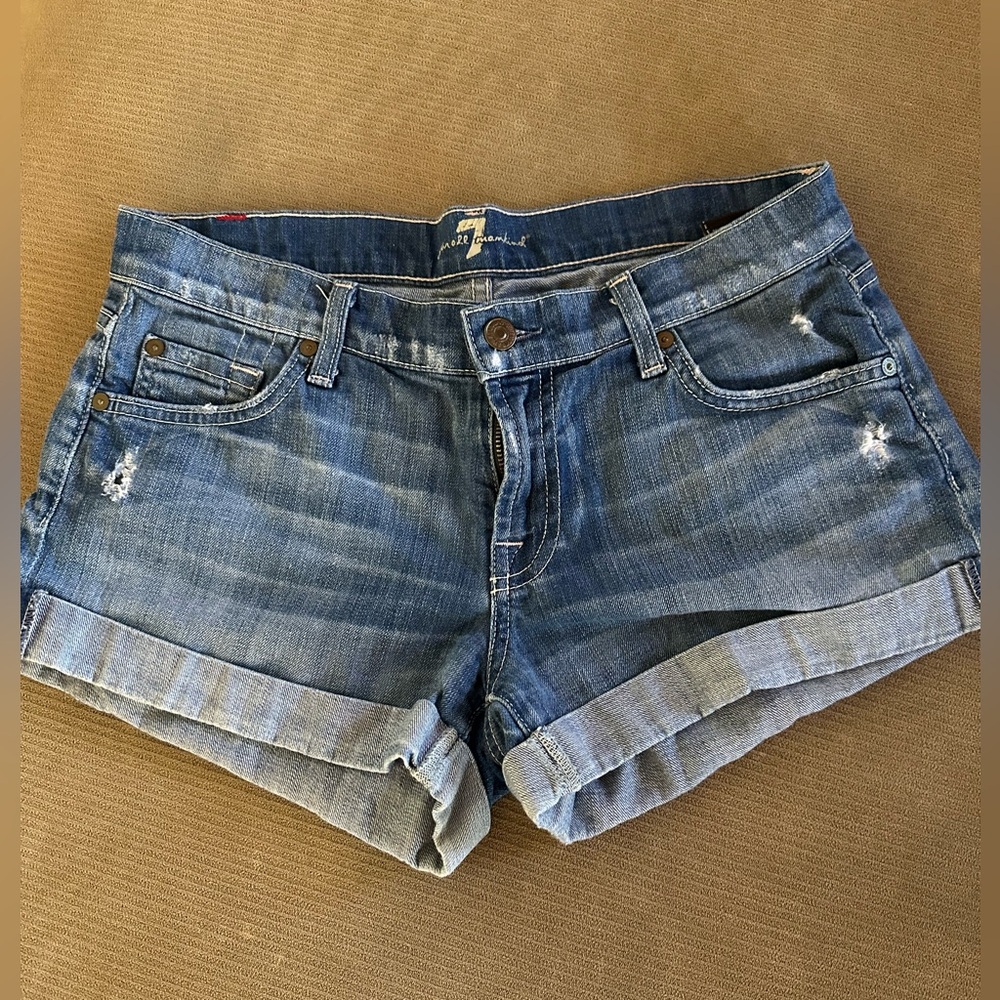 7 FOR ALL MANKIND BLUE DISTRESSED DENIM SHORTS